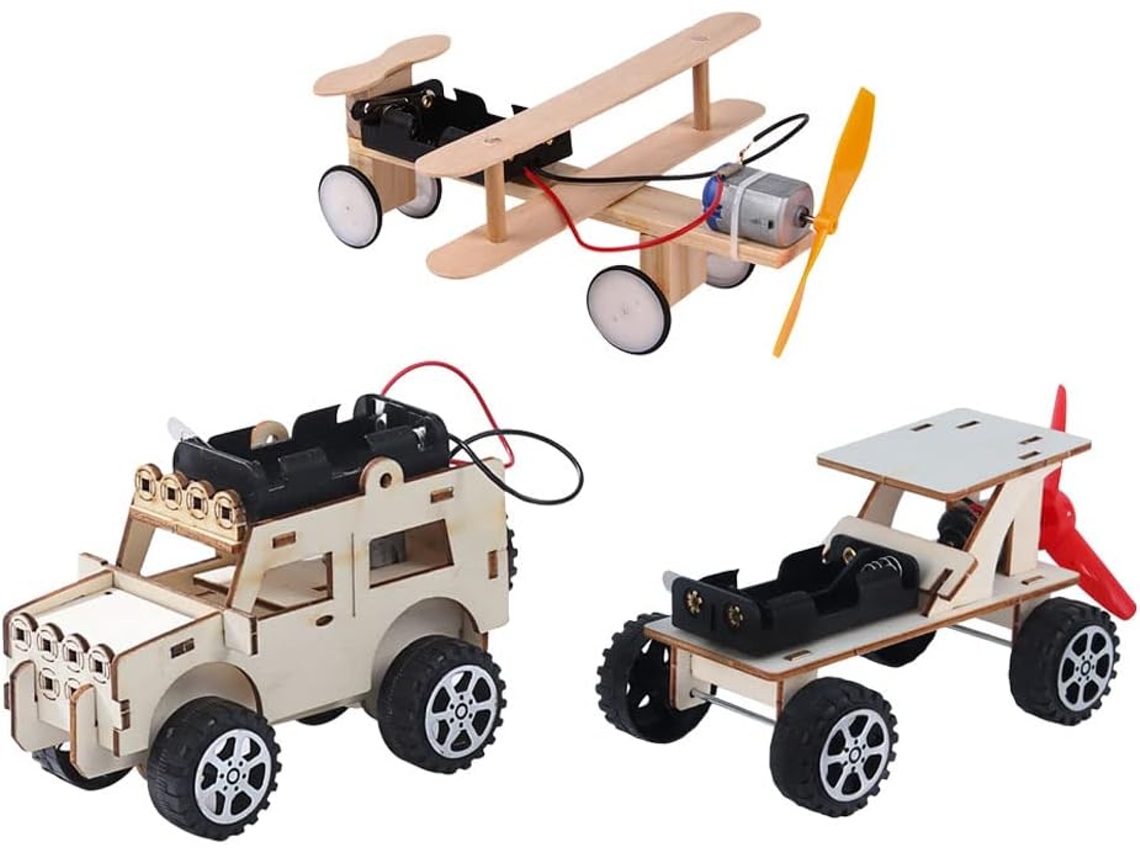 Juego de 3 juguetes científicos de madera para niños: avión y coches para armar. CHABERLU