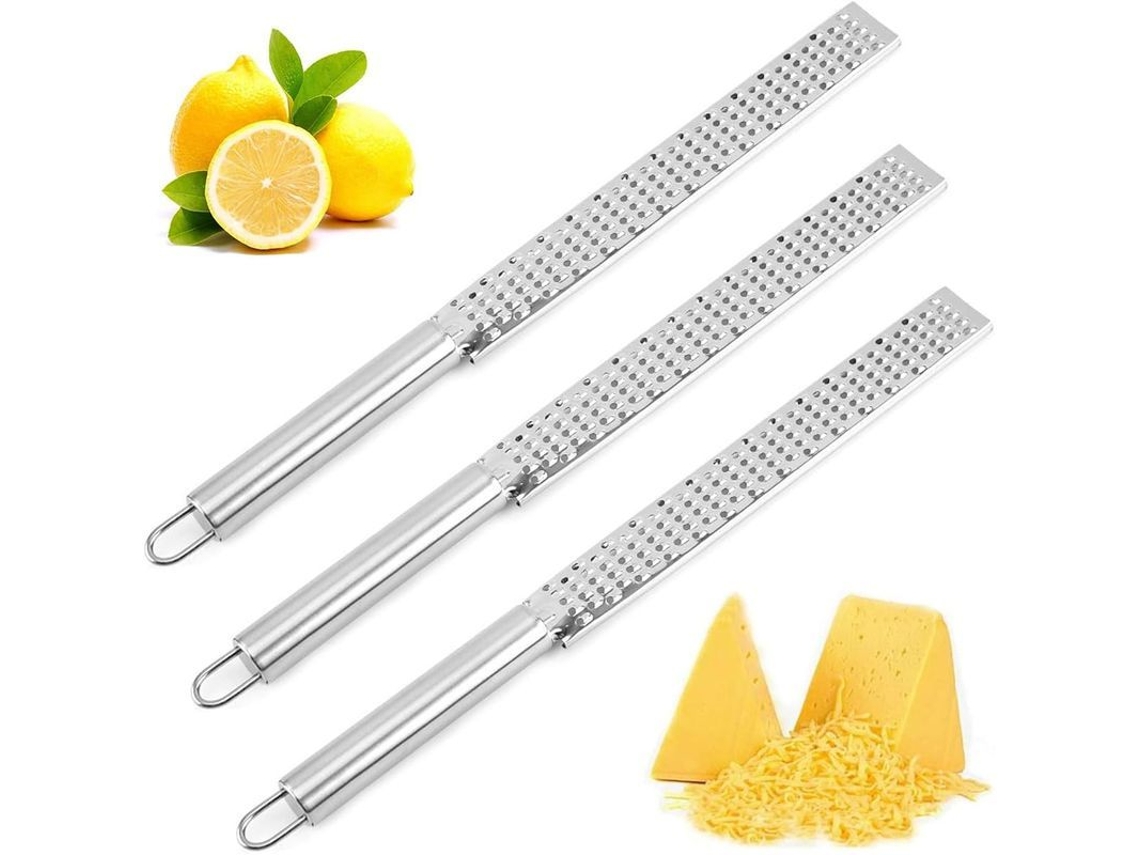 Rallador manual largo Rebe, juego de 3 piezas, fabricado en acero inoxidable, para rallar la cáscara de los limones.