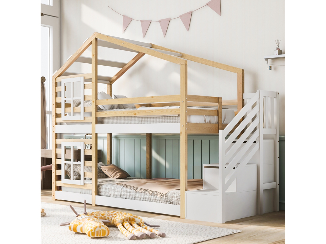 Cama Infantil Casita 90x200 Cm, Ventanas, Almacenamiento Integrado, Barandilla De Seguridad, Madera Blanca Natural, 2 Somieres.