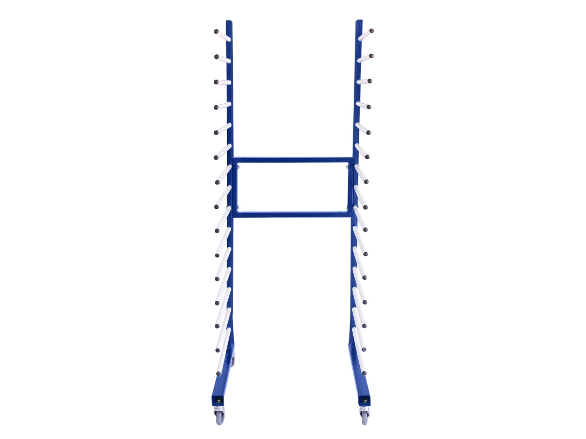 Carro de secado industrial con 15 niveles, barras de 55 cm, acero con recubrimiento en polvo y una capacidad total de 375 kg, ideal para Monstershop