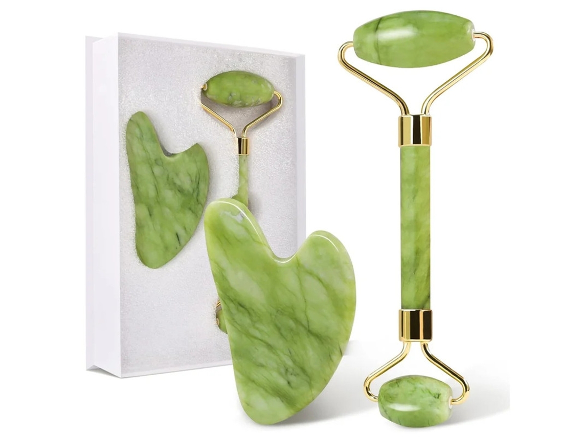 Juego de herramientas faciales Gua Sha y rodillo de jade para el cuidado de la piel. Reduce la hinchazón y mejora las arrugas. Herramienta Guasha para Yizhood.
