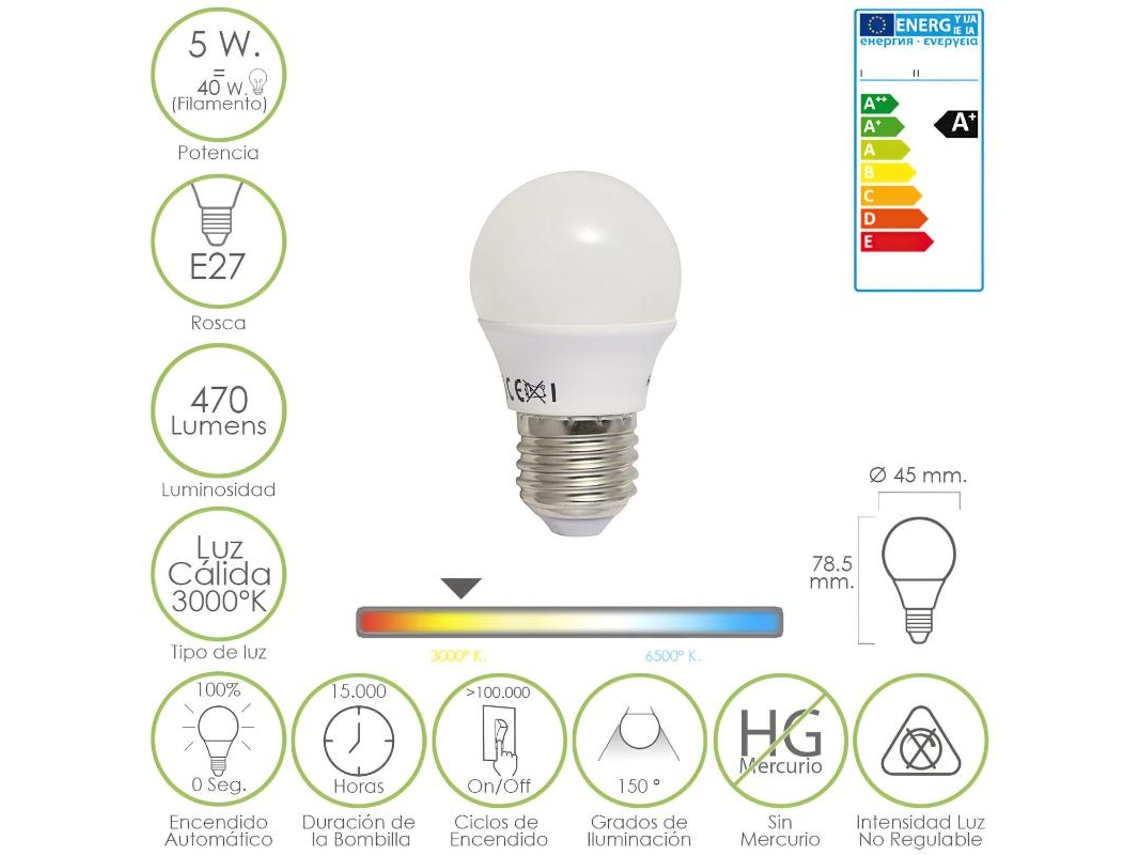 Bombilla led esferica e27 5 w. - 40 w. 470 lúmenes. luz cálida (3.000 °k).