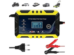 Cargador batería coche inteligente 12V 6A con pantalla LCD. Mantenedor negro/amarillo.