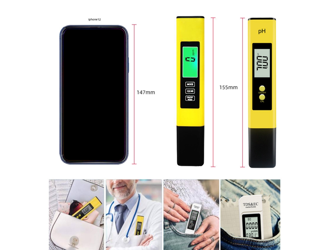 Lápiz Medidor De Ph, Acidómetro, Ec Y Tds Para Análisis De Calidad Del Agua, Con Pantalla Digital Y Tapa Portátil.