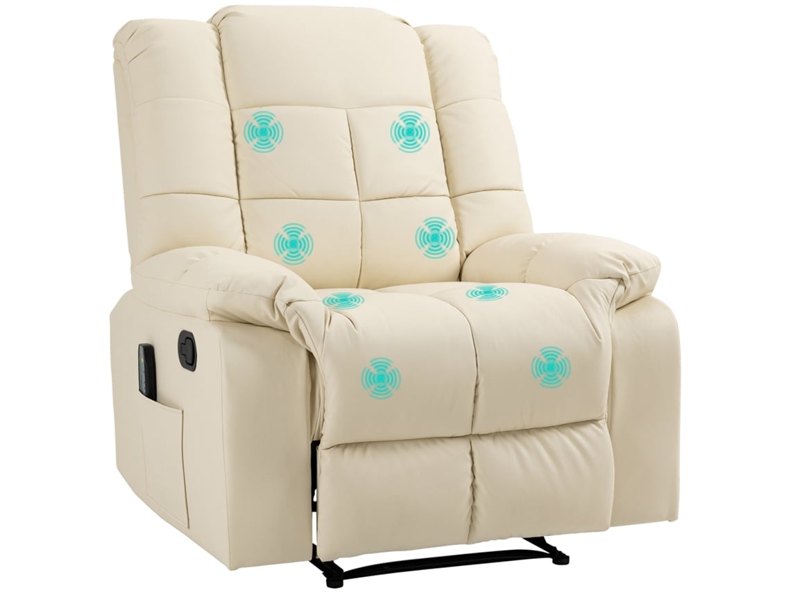 Sillón de masaje, sillón relajante, 8 puntos de vibración, posición reclinable, piel sintética, blanco crema, 94x99x99cm