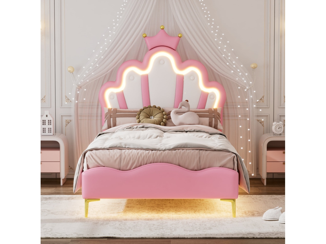 Cama De Princesa 90x200 Corona Led Rosa Pu