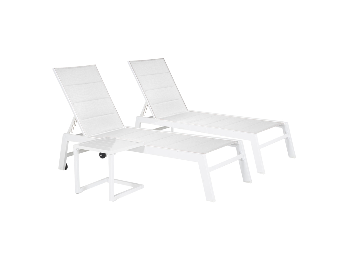 Juego de 2 tumbonas Barbados en textileno blanco y mesa auxiliar de aluminio blanco Happy Garden