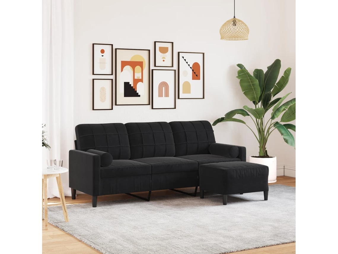 Sofá De 3 Plazas | Sofá De Salón | Sofá De Descanso Con Taburete De Terciopelo Negro 180 Cm Wsd725198