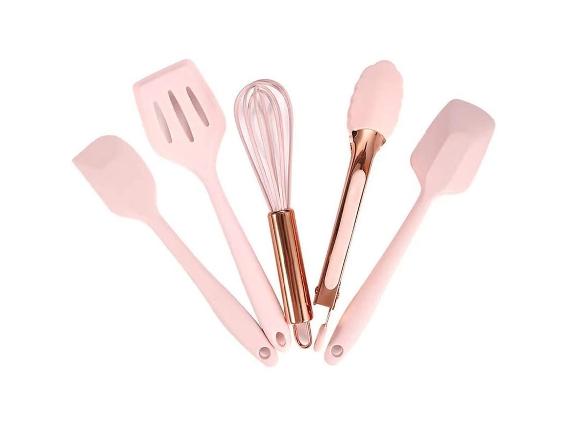 Juego De 5 Herramientas De Cocina Mini Para Niños De Silicona Y Acero Inoxidable Rosa Oro Y Rosado