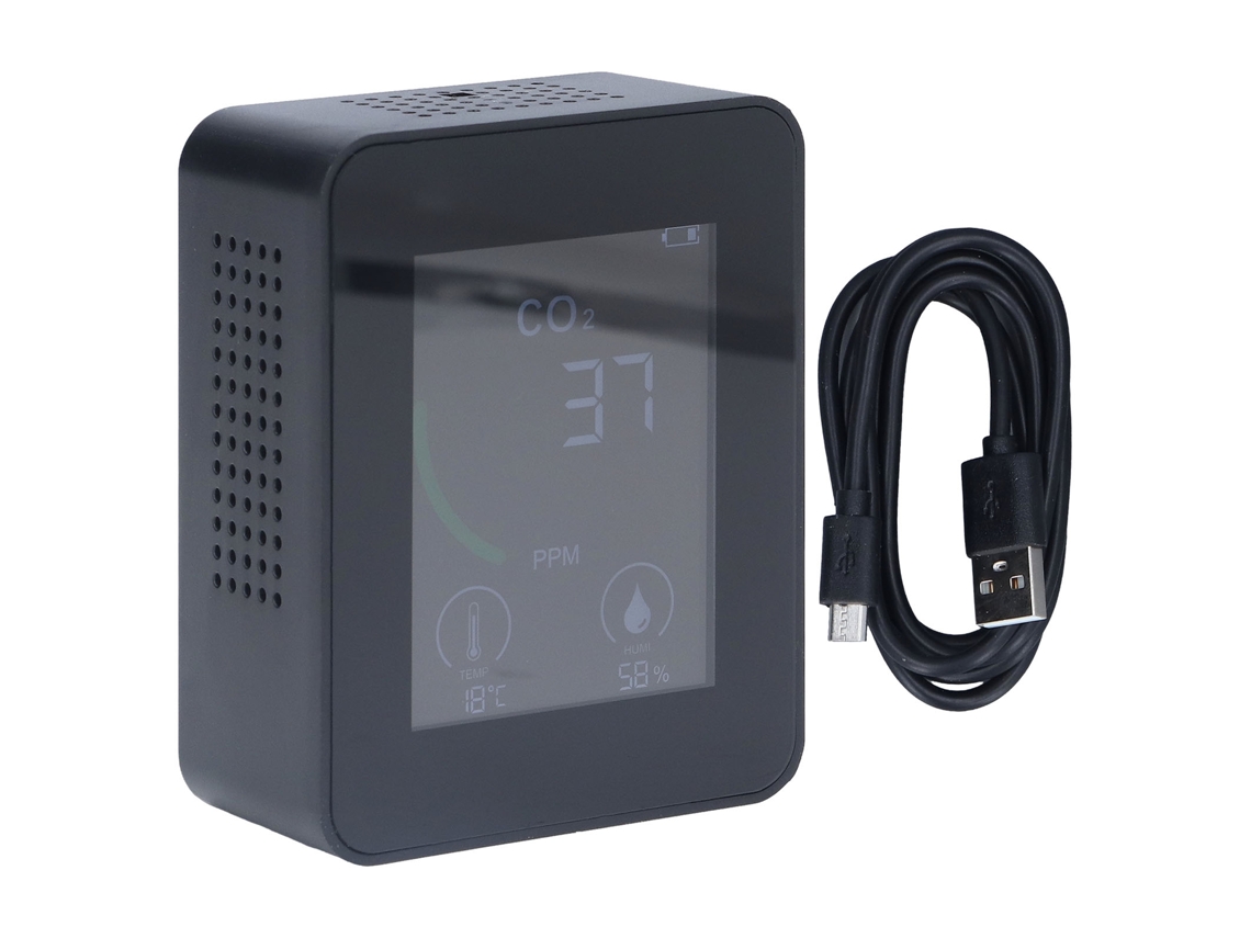 Monitor De Calidad Del Aire Bluetooth Con Control De Co2, Covt, Humedad Y Temperatura, Con Almacenamiento Para 60 Días Y Batería Recargable. Color Negro.