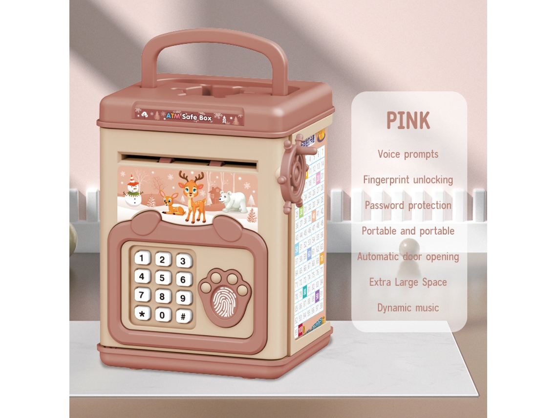 Caja fuerte infantil tipo cajero automático con asa, desbloqueo por contraseña y huella dactilar, música y divertida función de hucha. Aeuzwr
