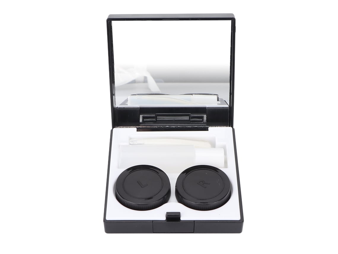 Kit portátil para lentes de contacto con estuche, pinzas y tubo para solución en un diseño compacto y duradero.