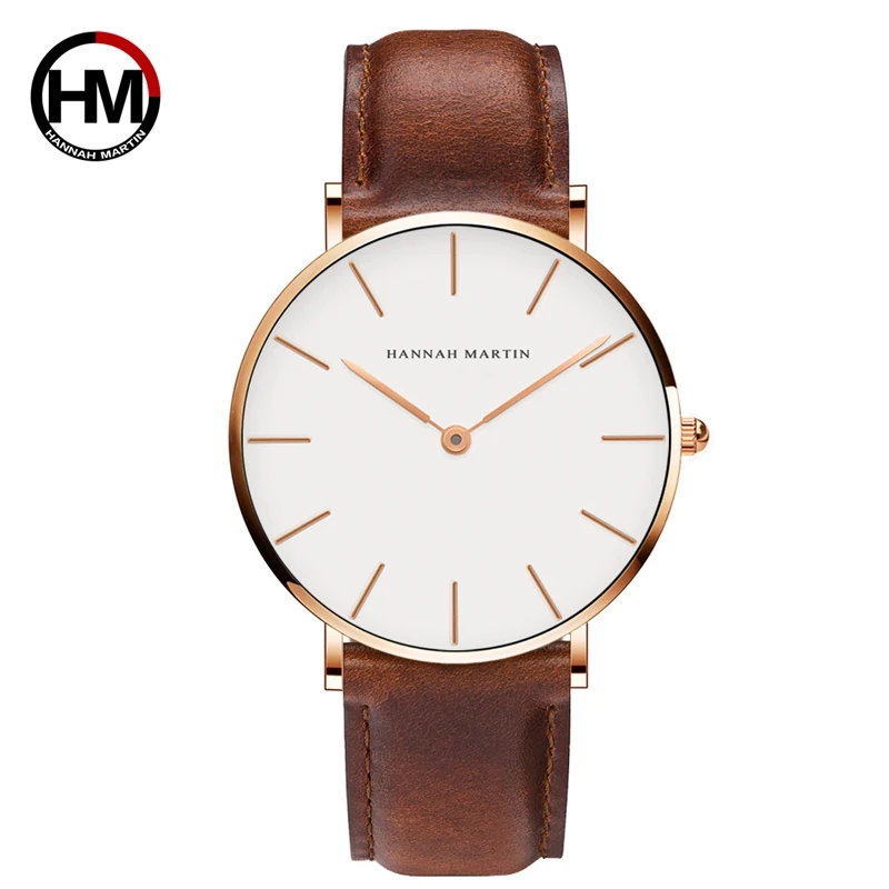 Reloj De Pulsera De Cuarzo Ultrafino Para Hombre, Sencillo Y Elegante, Con Correa Marrón, Caja De Oro Rosa Y Esfera Blanca.