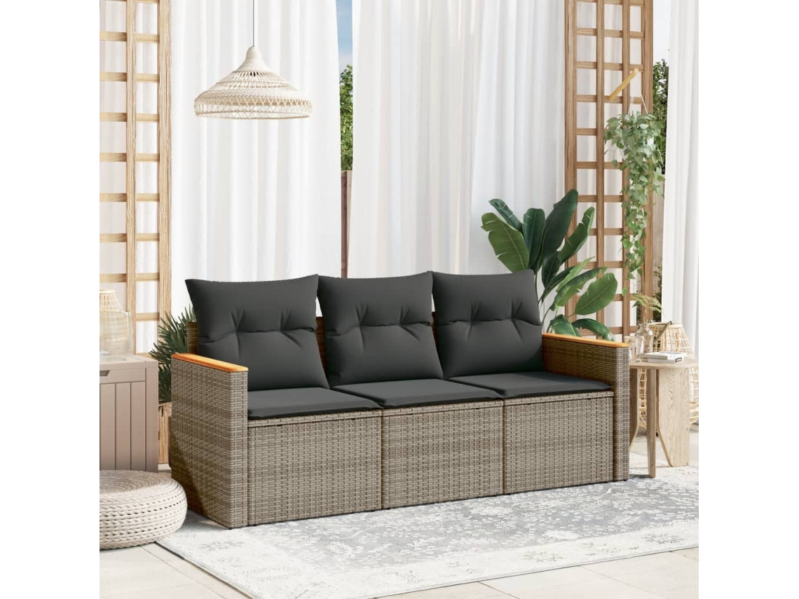 Conjunto de sofá de jardín de 3 piezas con cojines, ratán gris, DKD Home Decor
