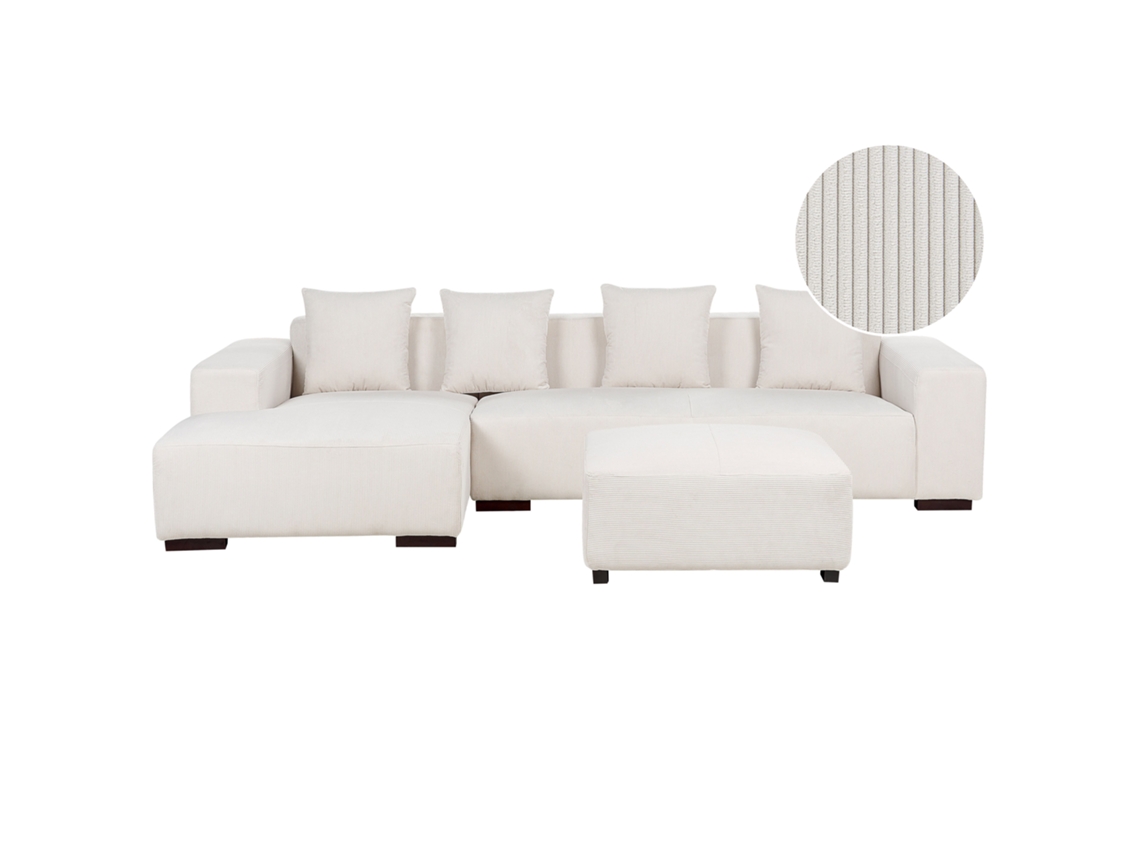 Sofá esquinero con reposapiés BELIANI Lungo de Pana Blanco 285x160x62