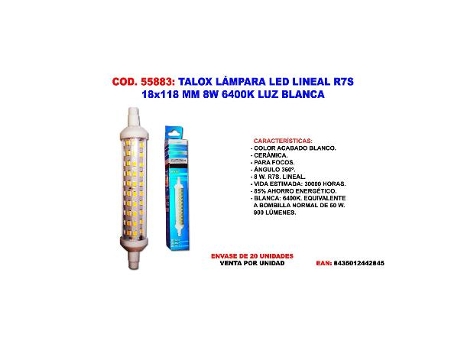 Talox lampara led r7s 18 x 118 mm lineal 8w 6400k luz blanca