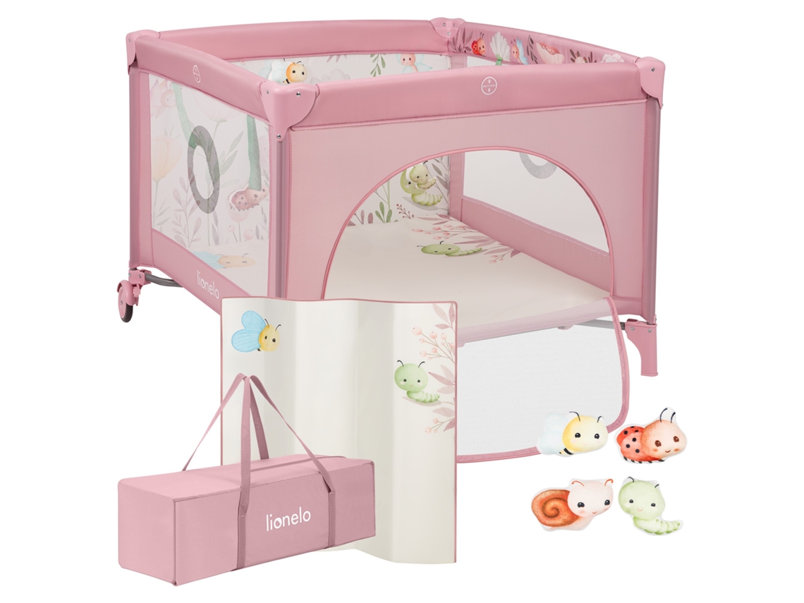 Parque infantil LIONELO Mille de 100x100 cm con colchón de alta densidad, ruedas, juguetes y cierre de velcro, de 0 a 36 meses, color rosa.