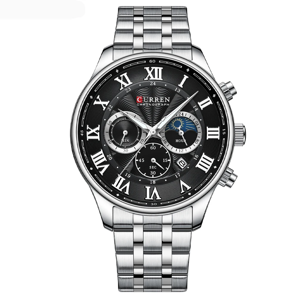 Reloj Cronógrafo Deportivo Para Hombre (plata Y Negro), Reloj Luminoso De Acero Inoxidable De Lujo.