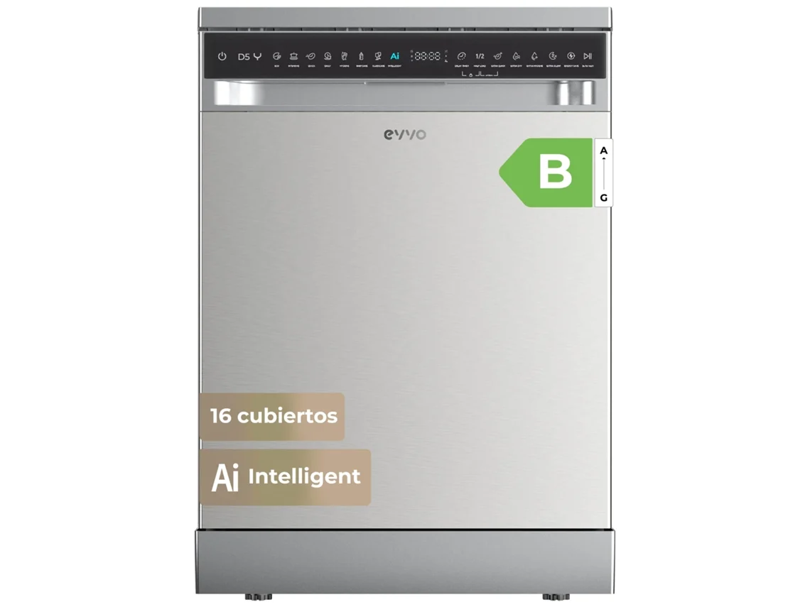 Lavadora Evvo D5yx de acero inoxidable, 16 cubiertos, clase B, 45 dB, 8 programas, instalación gratuita.