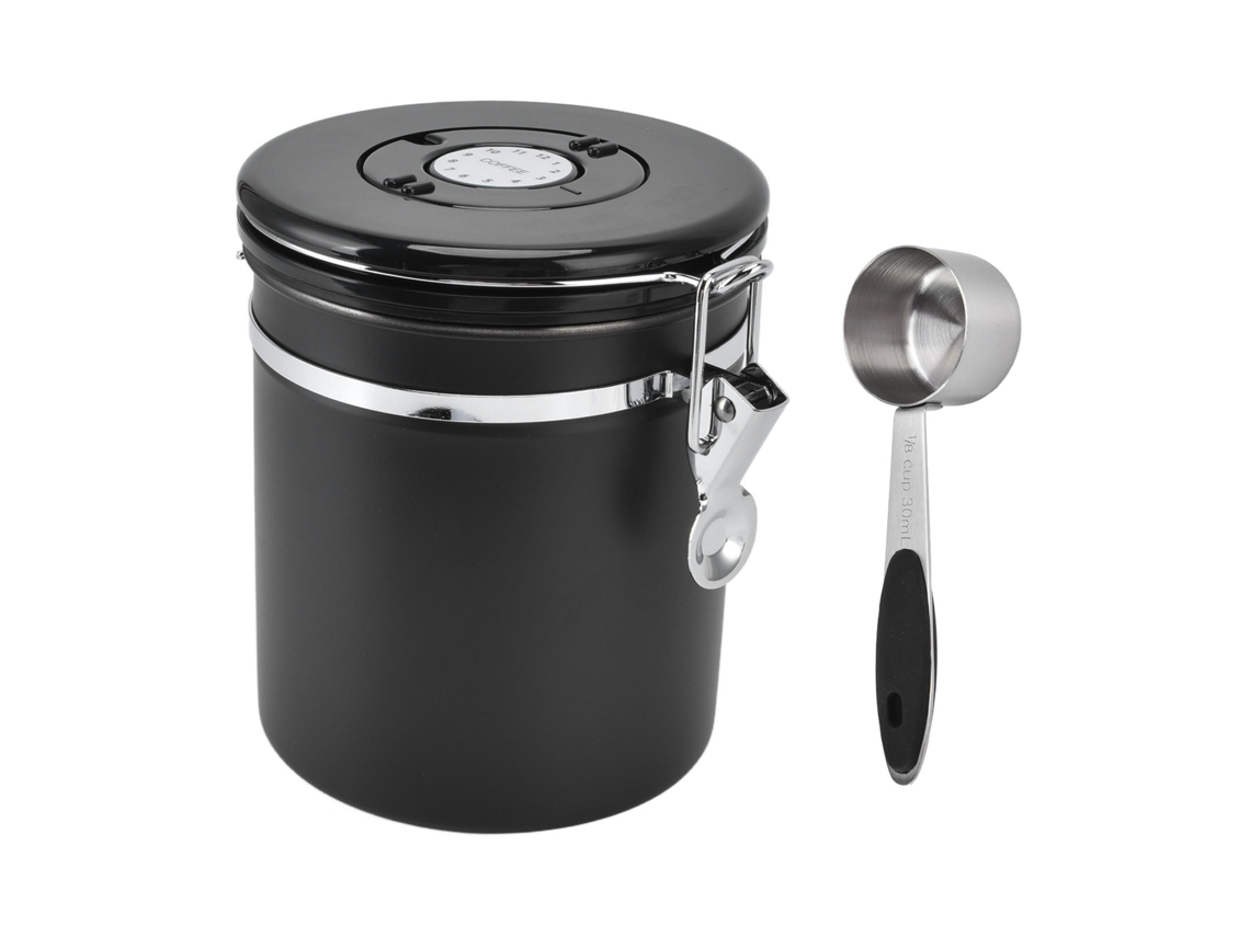 Lata De Café Hermética Con Válvula De Co2, Indicador De Fecha, Acero Inoxidable, 1500 Ml Con Cuchara.