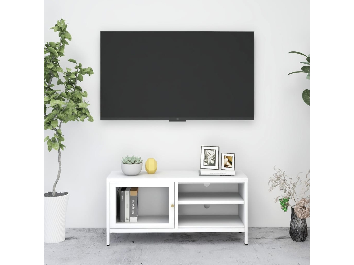 Mueble de Armario Tv 90X30X44 Cm Cristal y Acero Blanco