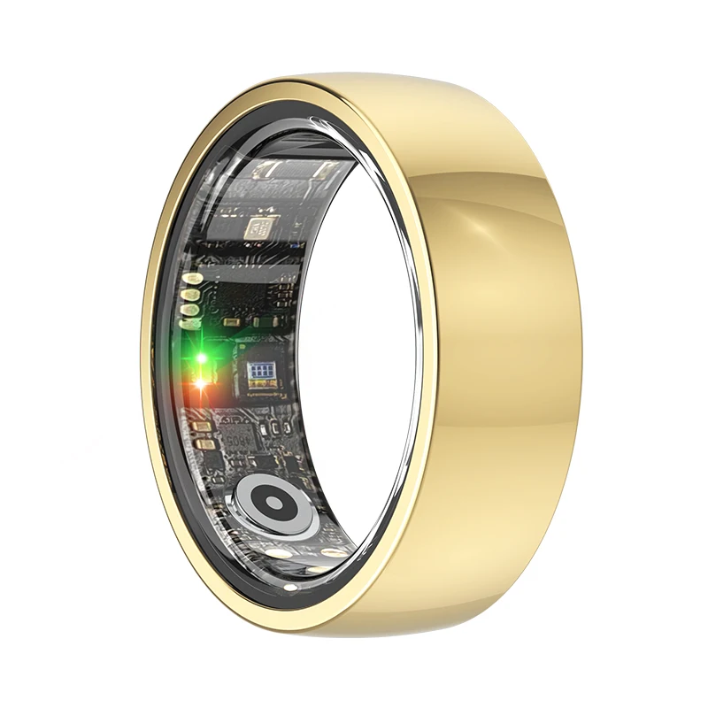 (Talla 8, Dorado) Anillo inteligente de acero inoxidable, resistente al agua, que monitoriza la frecuencia cardíaca, la presión arterial y la oxigenación sanguínea.