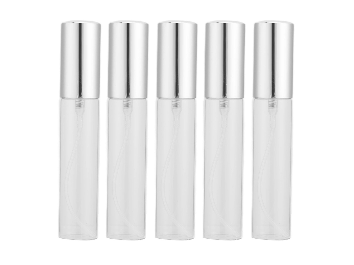 5 Piezas Botellas De Perfume De Vidrio Transparente 10ml Refillables Con Boquilla Plata Forma Cilindrica Atomizador Vacio