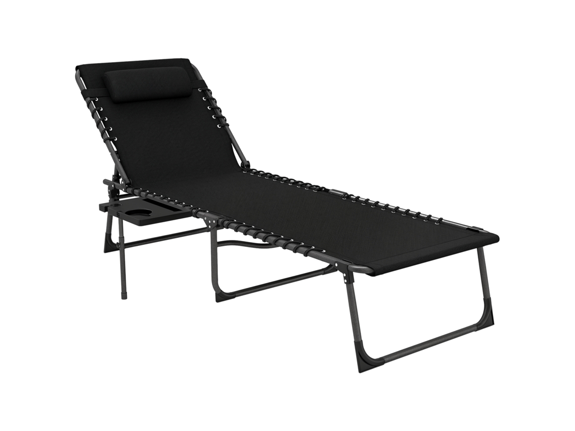 Silla Plegable De Cubierta Con Respaldo Ajustable, Reposacabezas, Bolsillo Y Bandeja, Fabricada En Acero, 190x60x31cm, Color Negro.