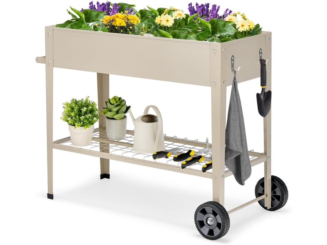 Cama de Jardín Elevada con Patas, Caja de Cultivo Elevada para Macetas con Estante Inferior, Jardinera Móvil con Ruedas y Patas COSTWAY