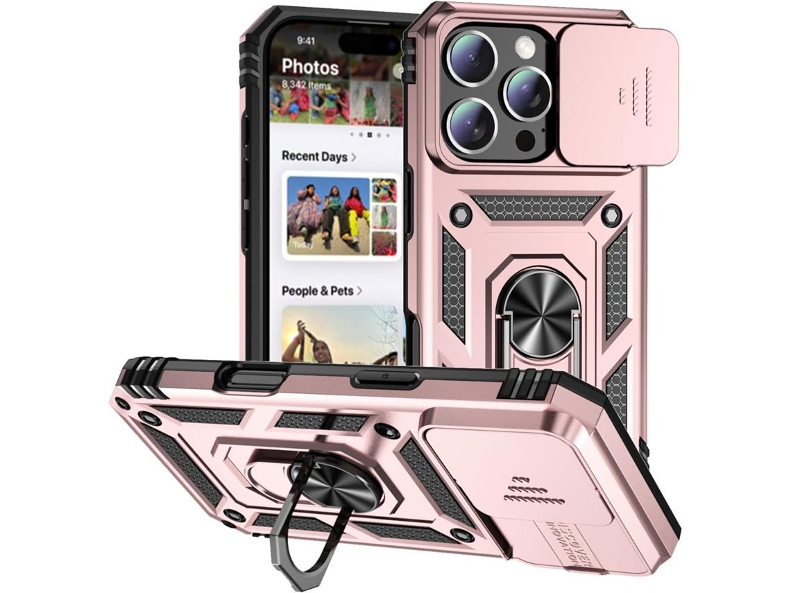 Funda magnética AEUZWR compatible con iPhone 16 Pro Max con protector de cámara y soporte integrado en oro rosa