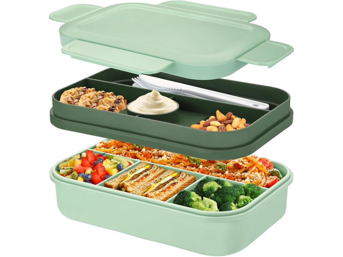 Fiambrera para adultos - 2000 ml con compartimentos - Caja bento con cubiertos - Verde
