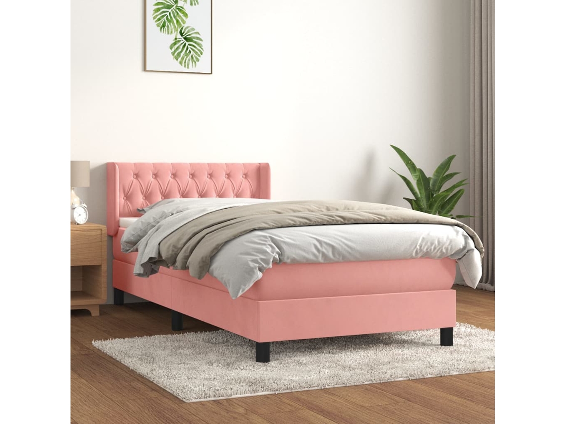 Cama Box Spring Con Colchón Terciopelo Rosa 90x200 Cm