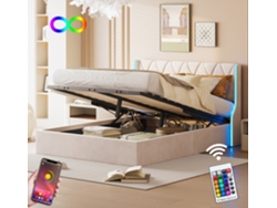 Cama Tapizada De 140x200 Cm, Cama Doble, Colchón De Aire, Con Compartimento De Almacenaje, Led Con Control Por Aplicación, Tela De Terciopelo - Beige
