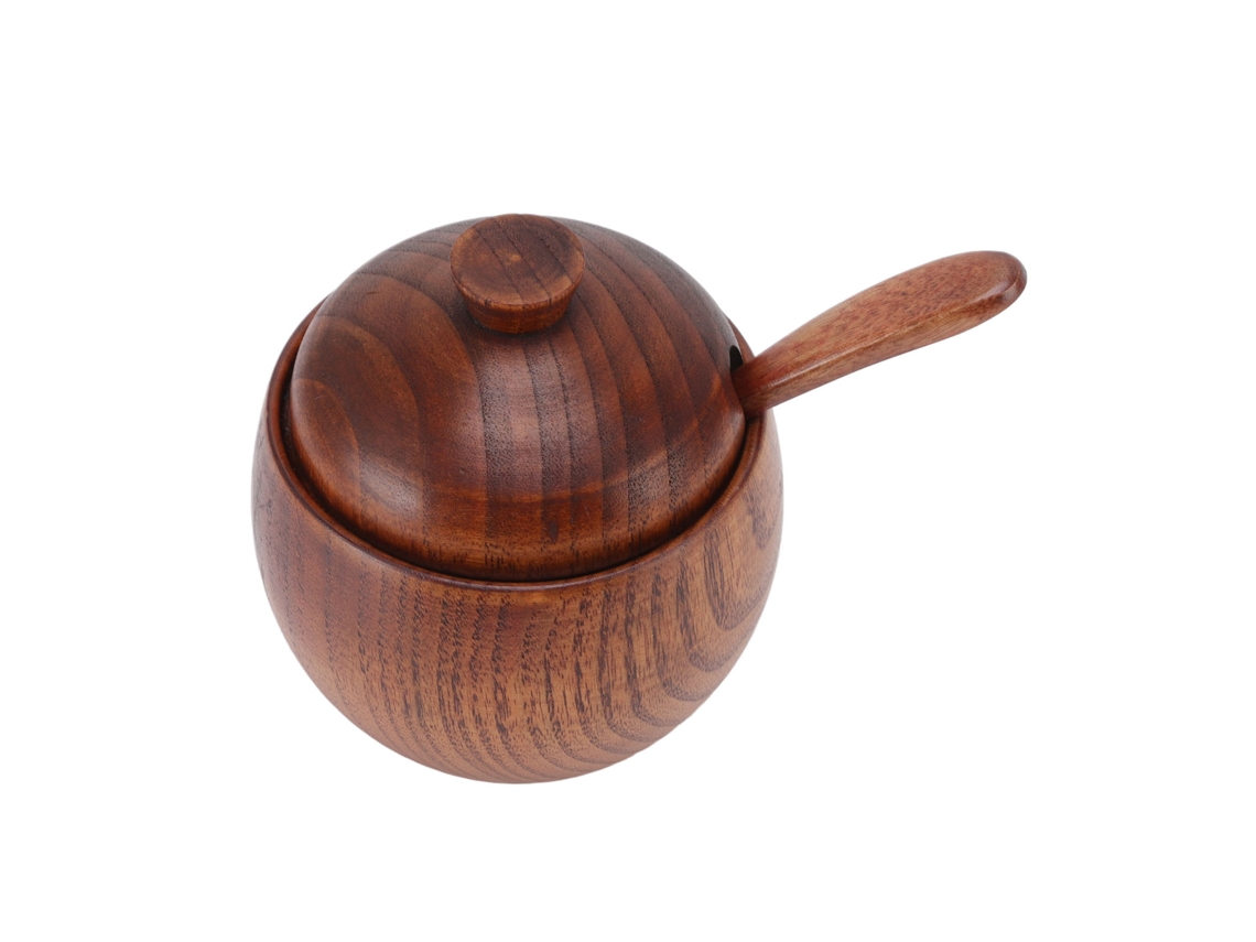 Azucarero De Madera Con Cuchara Y Tapa Para Guardar Especias, Sal Y Pimienta En La Cocina.