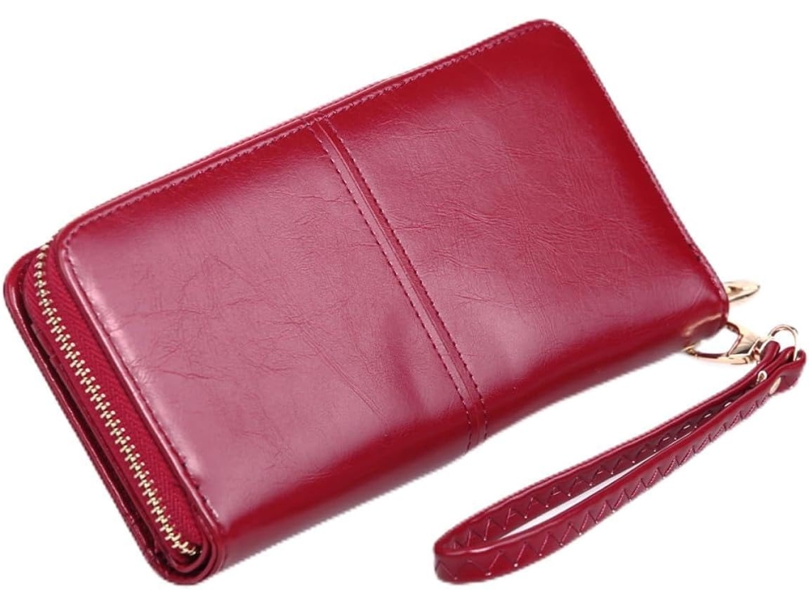 Elegante Cartera De Piel Sintética Para Mujer, Gran Capacidad, Color Rojo, Con Cierre De Cremallera.