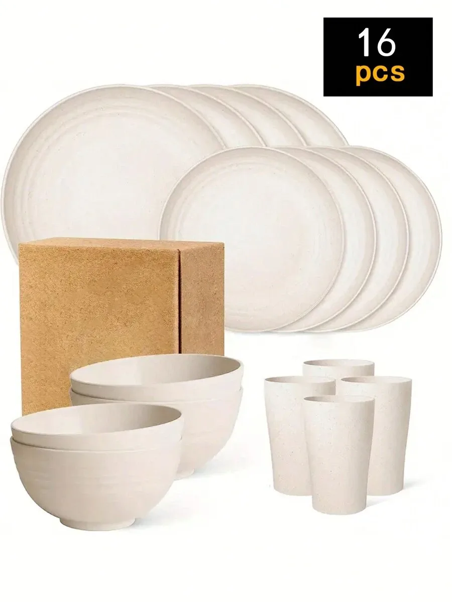 Juego De Cubiertos De Plástico (beige) De 16 Piezas, Que Incluye Platos, Cuencos Y Tazas.