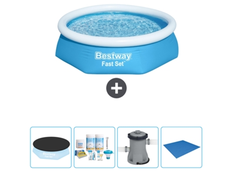 Piscina Hinchable Redonda Fast Set BESTWAY - 244 x 61 cm - Azul - Incluida Cubrir - Paquete de mantenimiento - Bomba - Suelo