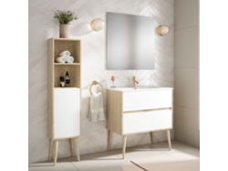 Mueble de baño con Lavabo, Espejo y Aplique LED NORUEGA 70x45 cm acabado Roble Y Blanco mate 2 cajones suspendido