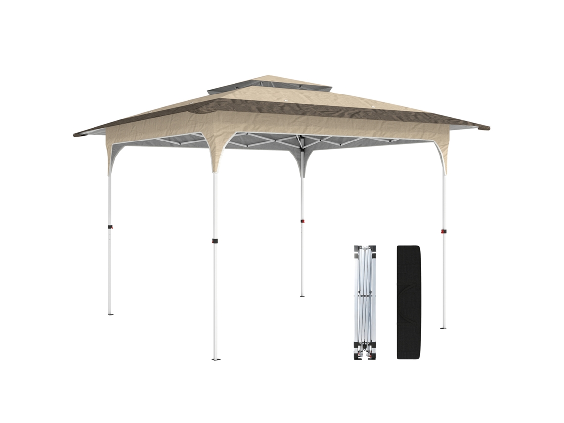 Tenda Dobrável 3,5x3,5 M Pop-up Com Altura Ajustável 3 Níveis Duplo Telhado Fecho Central E Saco Upf50+ Caqui