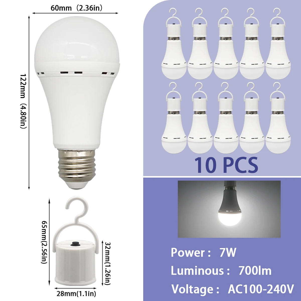 (10 Bombillas, 7 Vatios) Bombillas Led De Emergencia, Luz Fría, E27, 1500 Mah, Para Acampar Y Pescar Al Aire Libre.