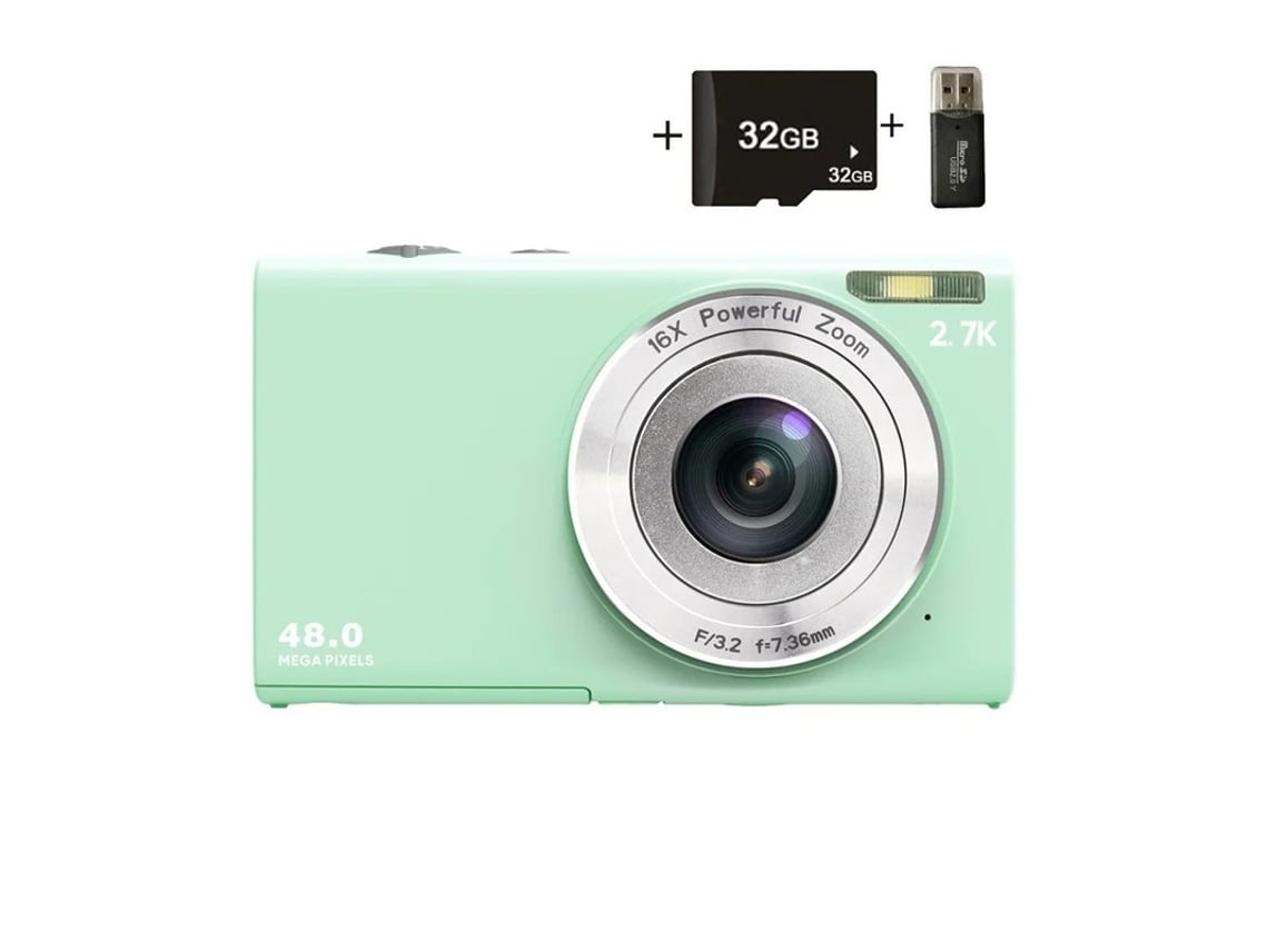 Cámara digital Yizhood, cámara digital compacta y sencilla de 2.7k y 48 MP, zoom digital de 16x, tarjeta verde de 32 GB