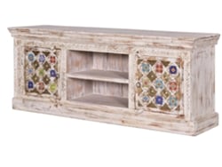 Mueble de tv madera de mango detalles en cerámica y bronce. Blanco.GINER Y COLOMER 60x40x150