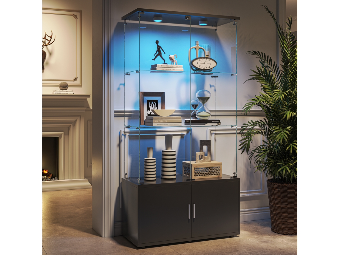 Vitrina De Cristal Con Luz Led De Paso, Cerradura Y Cristal Templado, Vitrina De 3 Niveles Para Salón O Dormitorio, 78x35x164cm, Negra