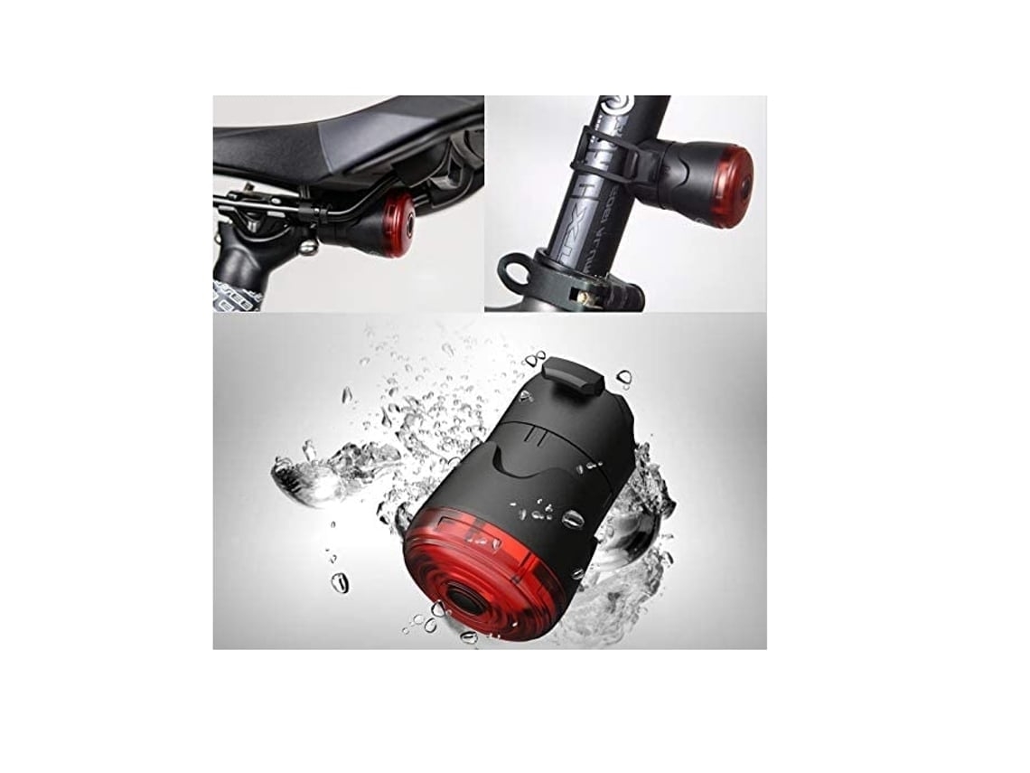 Luz trasera inteligente para bicicleta, detección automática, superbrillante, carga USB, color negro.