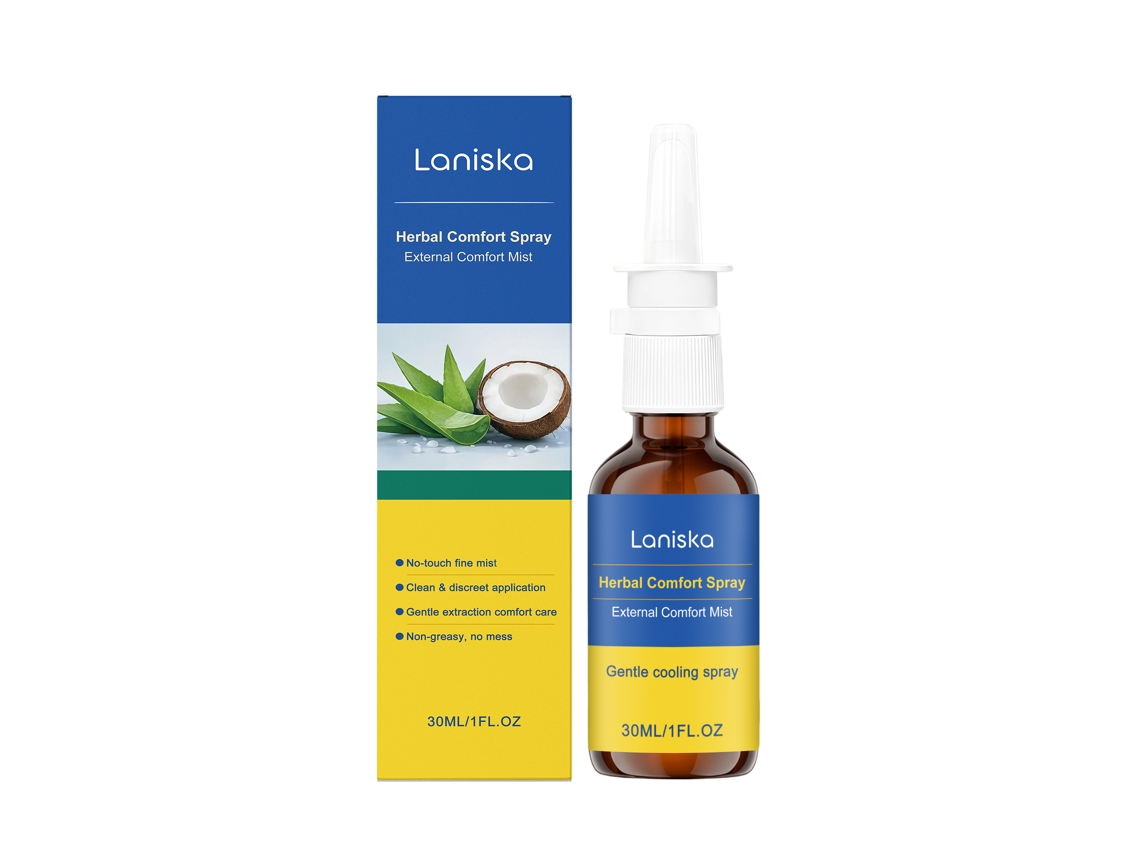 Spray de cuidado herbal Laniska para piel seca después del ejercicio.