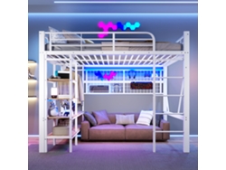 Litera Mezzanine 140x200 Cm Metal, Led Controlable Por App, Estantes, Red Colgante, Barra De Ropa, Espacio Abierto, Blanco