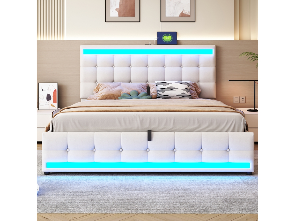 Cama Acolchada Con Baúl 180x200cm - Con Puerto Usb - Con Tira De Luz Led - Lino - Beige (sin Colchón)