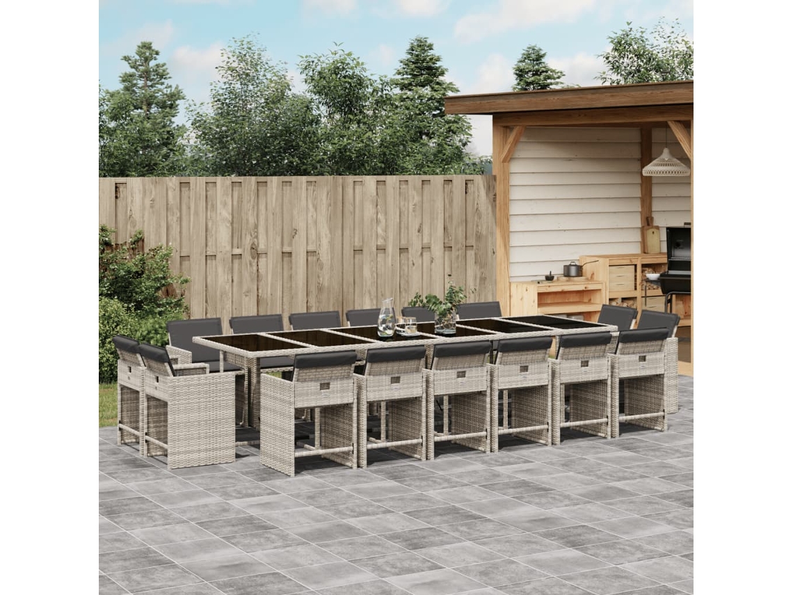 17 unidades Conjunto. Jantar Jardim C/ Almofadões Vime Pe Cinzento Claro Dkd Home Decor