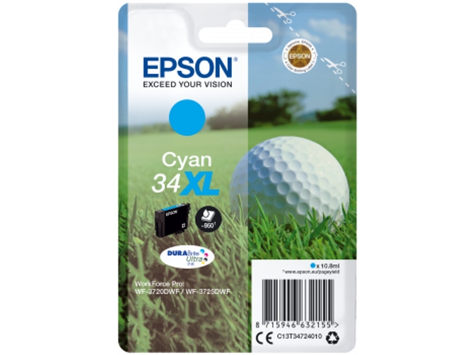 Cartucho de tinta original EPSON 34XL, Bola de golf 10,8 ml , Cian, XL, C13T34724010, T3472