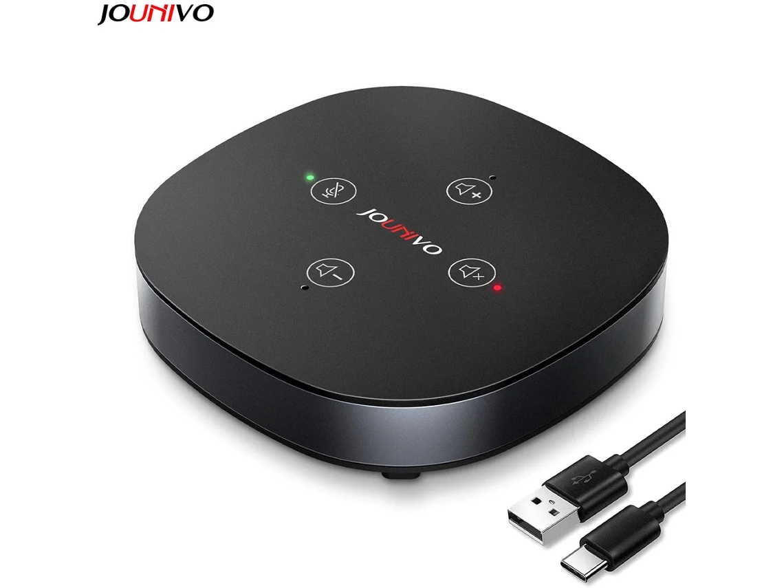 Micrófono omnidireccional negro con altavoz, interfaz USB y control de silencio. Mdug